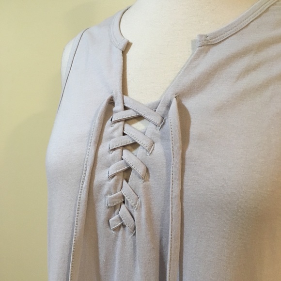 Lace Up Deep V Neck Sleeveless Knit Dress Putty - Picture 5 of 6